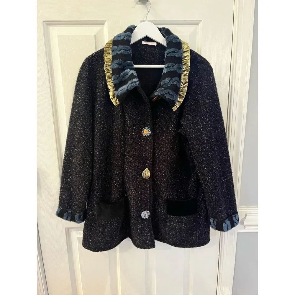 Uyen Uyen Black Mixed Media Art To Wear Velvet Collar Jacket sz XL EUC